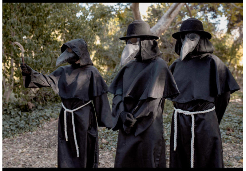 Capa de Halloween, máscara de médico de la peste, disfraz de Cosplay, Camisa larga de hechicero, bata negra con capucha, conjunto de disfraz de vacaciones para adultos y niños
