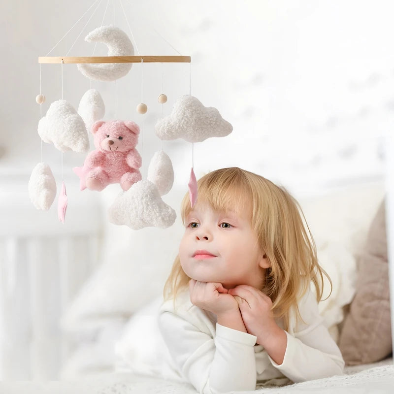 Baby Crib Mobile Rattle Toy Wooden Bed Bell Mobile Hanging Teddy Velvet Bear Doll Toy Newborn Music Box Crib Mobile Bracket Gift