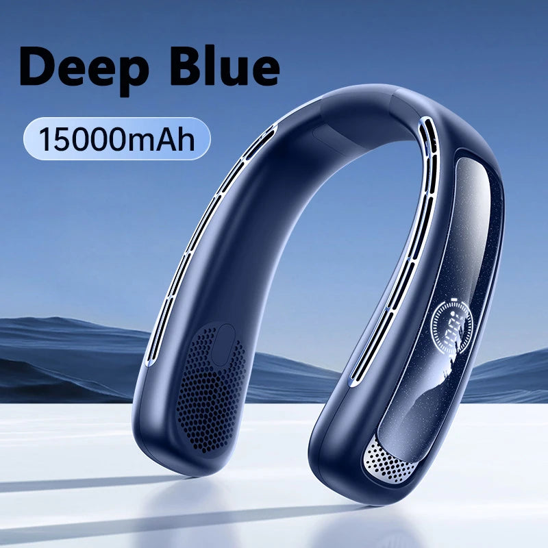 15000mah Portable Neck Fan Smart Digital Display USB Rechargeable Outdoors Bladeless Silent Cooling Neck Fan