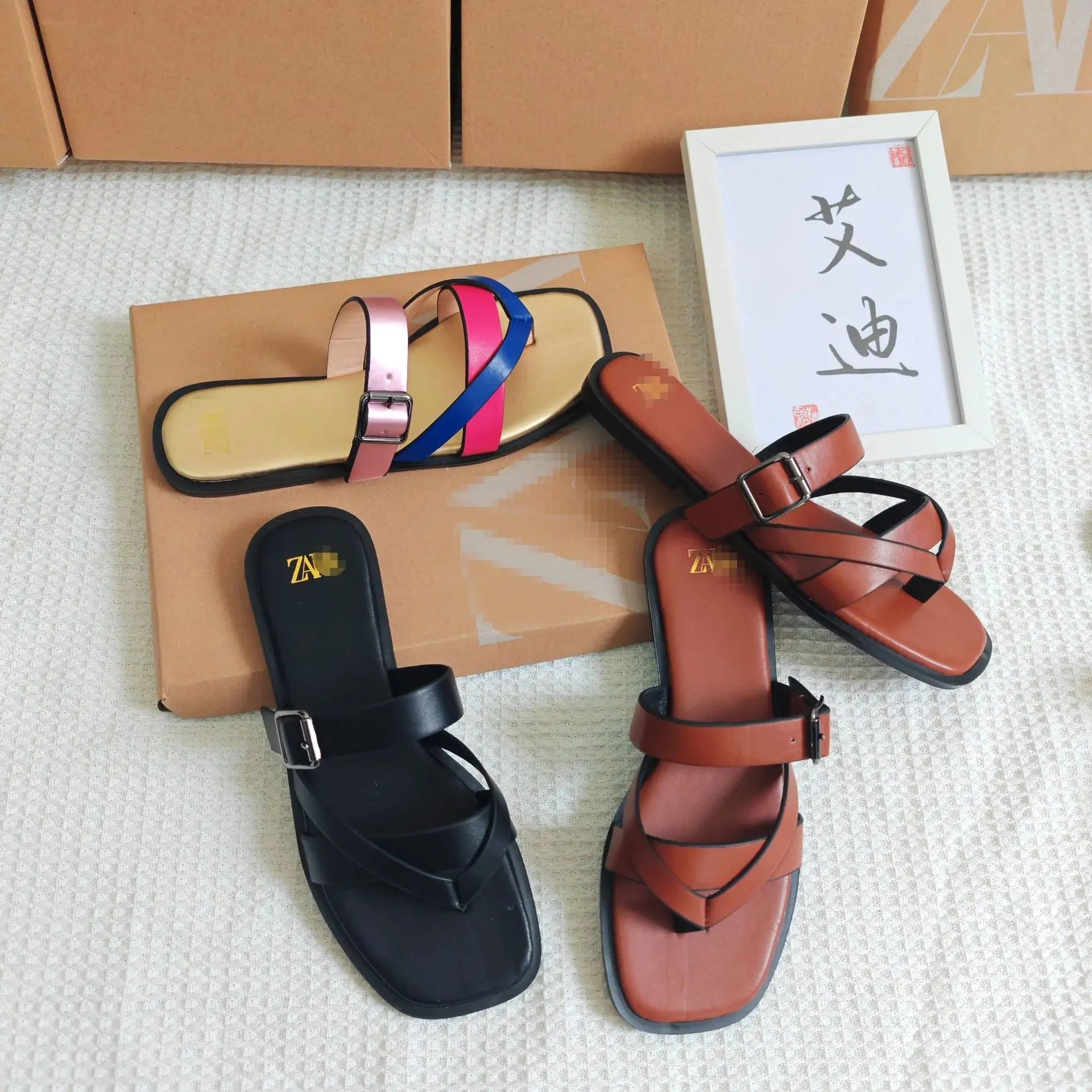 Women's Flat Sandals Crossbody Slip-On Casual Shoes Synthetic Leather Upgraded TPR Lightweight Wear-Resistant Flats