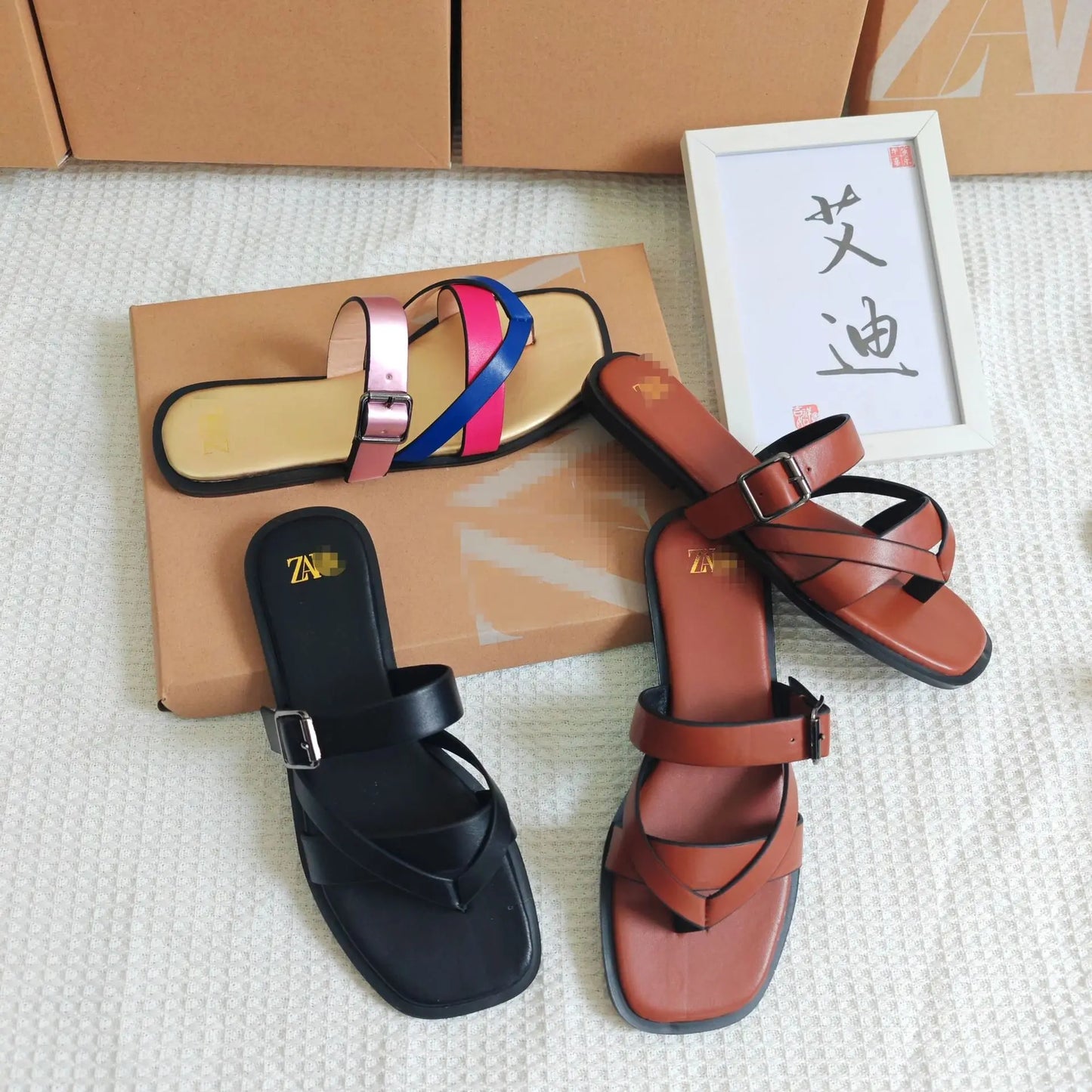 Women's Flat Sandals Crossbody Slip-On Casual Shoes Synthetic Leather Upgraded TPR Lightweight Wear-Resistant Flats