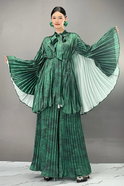 Two Pieces Chinese Style Wide Leg Pants Set Female Full Sleeve Blouse+Matching Trousers Suit Elegant Casual Matching Kit