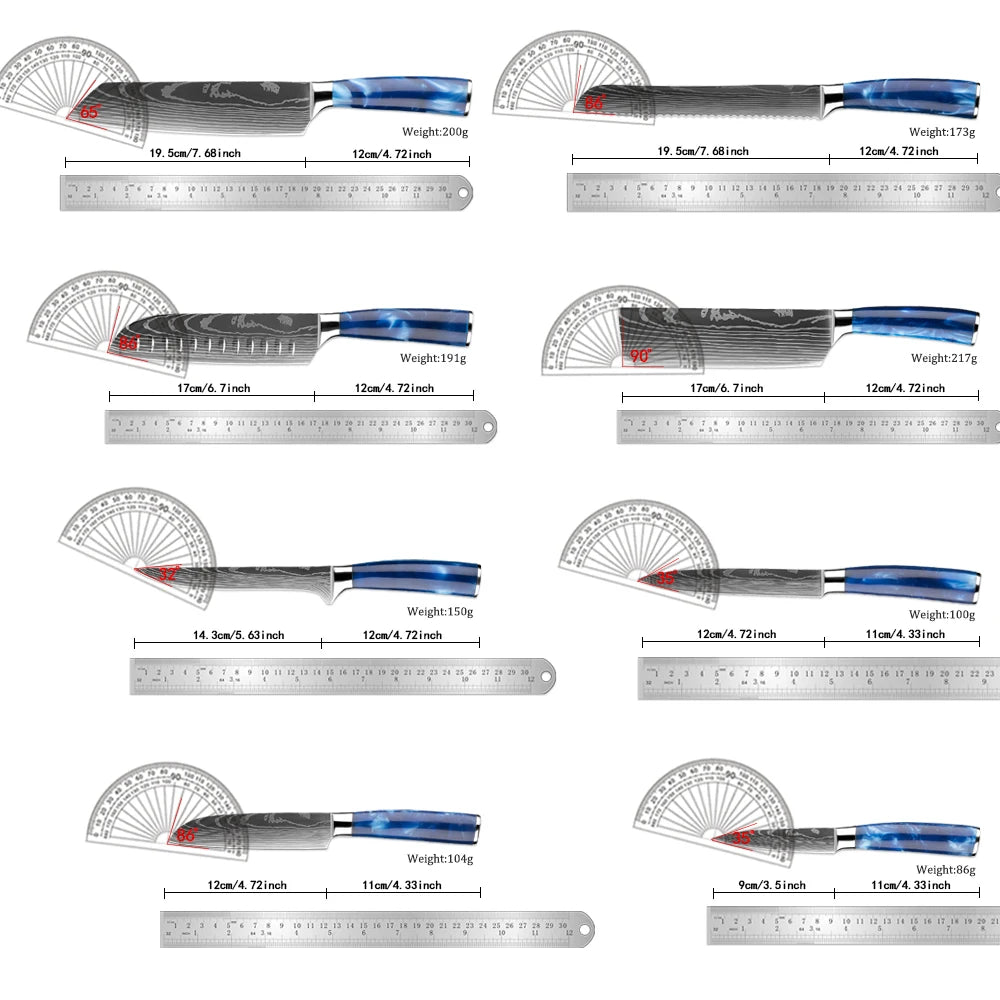XITUO Juego de cuchillos de cocina de 1 a 8 piezas, mango de resina azul para cuchillo de chef, cuchillo de pelar, cuchillo de deshuesar, cuchillo Santoku, afilado como una navaja