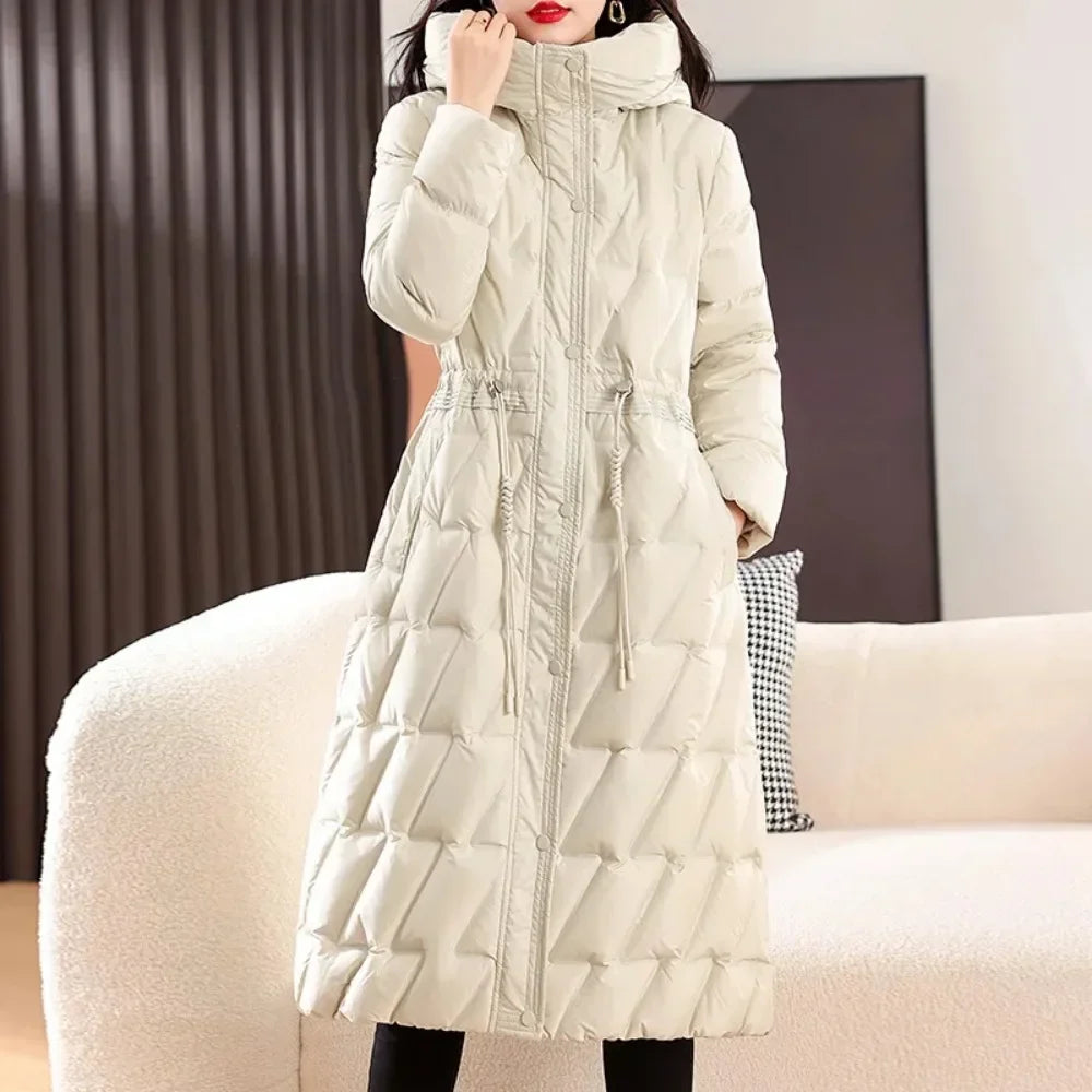 2024 Jacket Women Hooded Parkas Casual Long White Duck Down Jacket Winter Coat Female Drawstring Zipper Outerwear Slim Coats