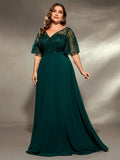 Mgiacy plus size V-neck See-through trumpet sleeve embroidered chiffon full skirt Evening gown Ball dress Party dress