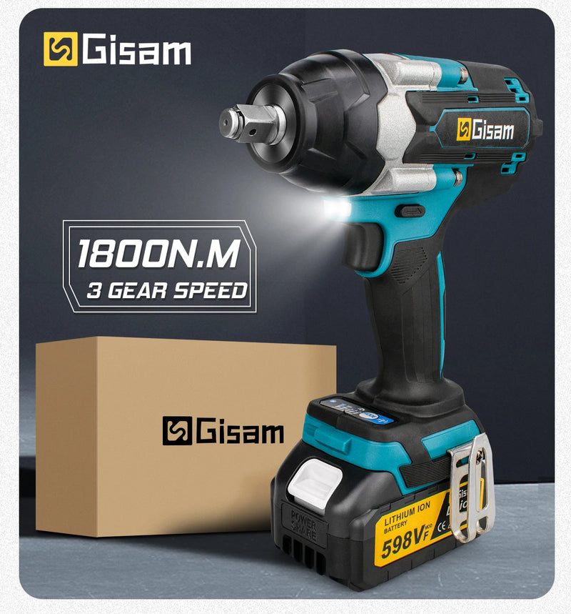 Gisam 1800N.M Torque Brushless Electric Impact Wrench 1/2 inch Screwdriver Cordless Wrench Power Tool For Makita 18V Battery Pin