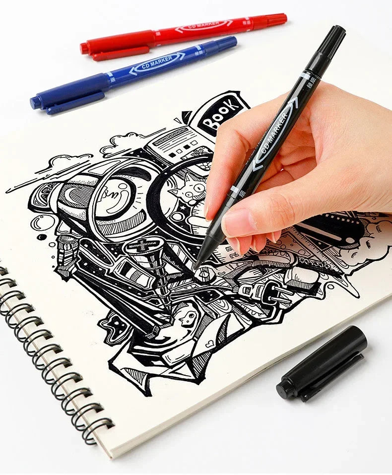 10Pcs Double Tip Permanent Markers Pens Waterproof Oily Fine Tip Black Painting Marker Graffiti Marking Pens School Supplies