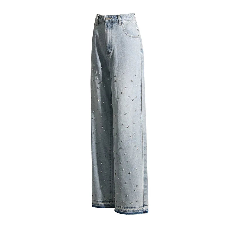 BKQU - Pantalones vaqueros rectos y holgados para mujer, cintura alta, pierna ancha, con diamantes de imitación, largos, moda urbana 2021, pantalones brillantes con diamantes