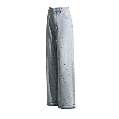 BKQU Straight Baggy Jeans Women High Waist Wide Leg Rhinestones Denim Long Pants 2023 Fashion Streetwear Diamonds Shinny Trouser