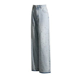 BKQU - Pantalones vaqueros rectos y holgados para mujer, cintura alta, pierna ancha, con diamantes de imitación, largos, moda urbana 2021, pantalones brillantes con diamantes