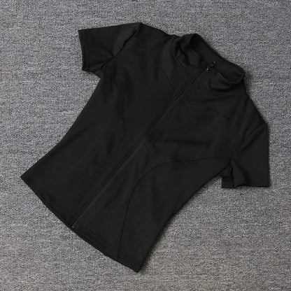Summer High Quality Waist Slimming Training Tops Women's Quick-drying Tight Stand Collar Full Zipper Short Sleeves Yoga shirts