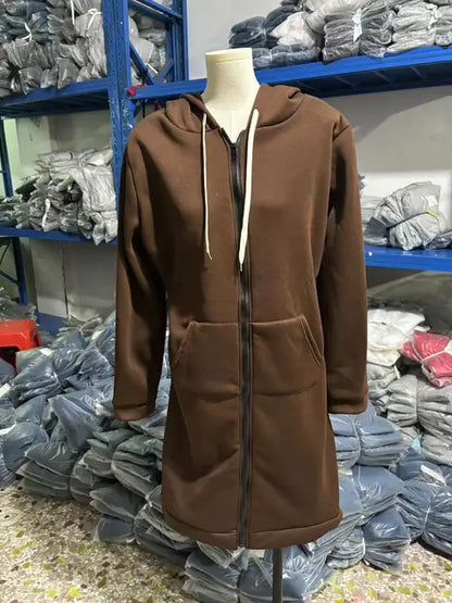 Hoodies femininos 2023 novo outono inverno espessamento solto moda cor sólida bolso design superior com capuz longo zíper camisolas casaco