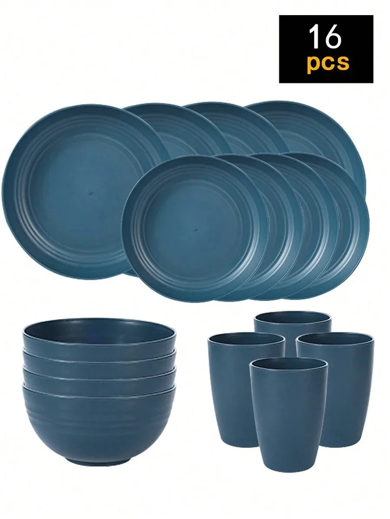 4/16/24pcs Reusable plastic tableware set, including plates, bowls and cups. Suitable for family picnics and school supplies