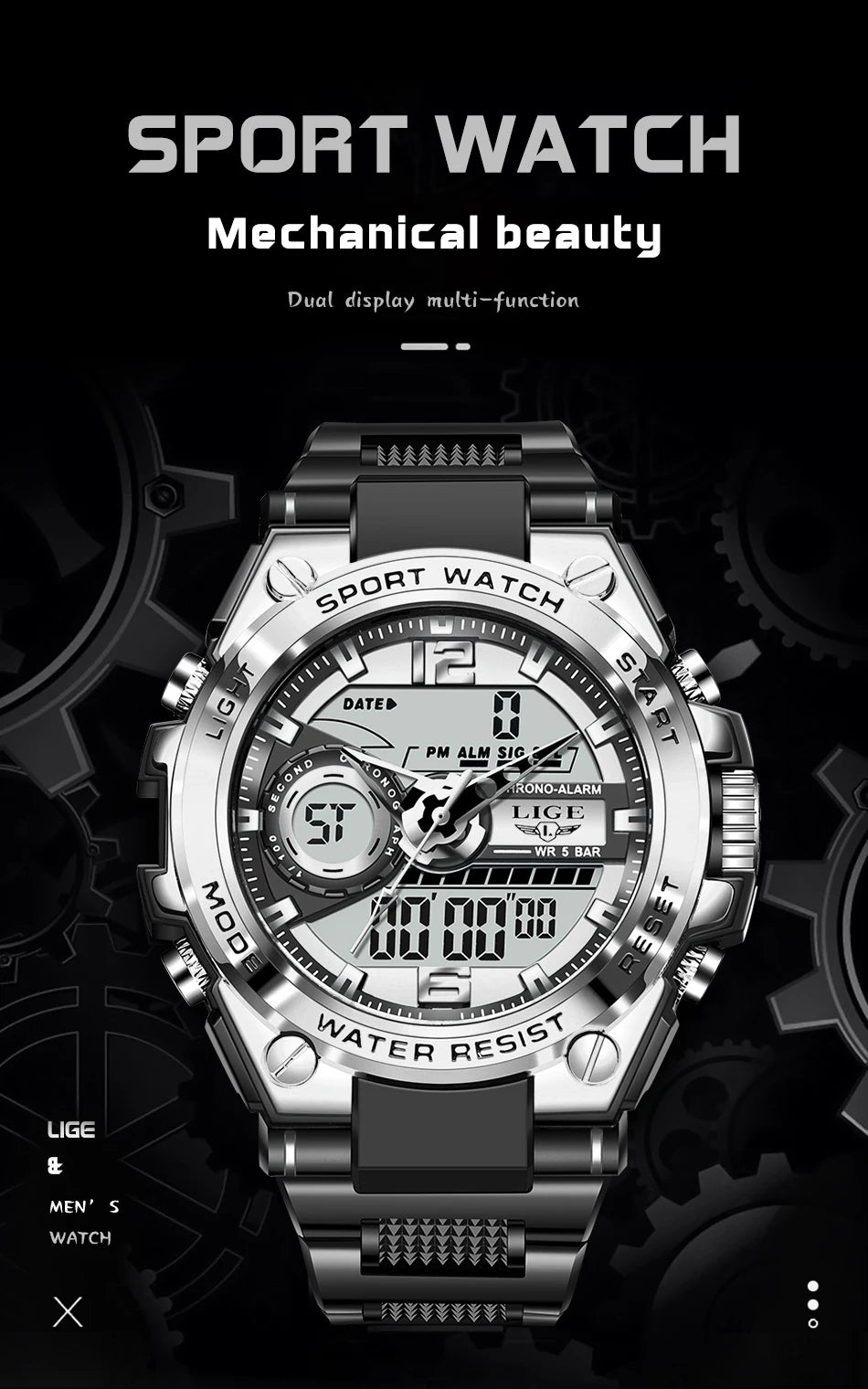 Reloj militar LIGE para hombre, digital, resistente al agua hasta 50 m, LED, de cuarzo, deportivo, grande, Masculino