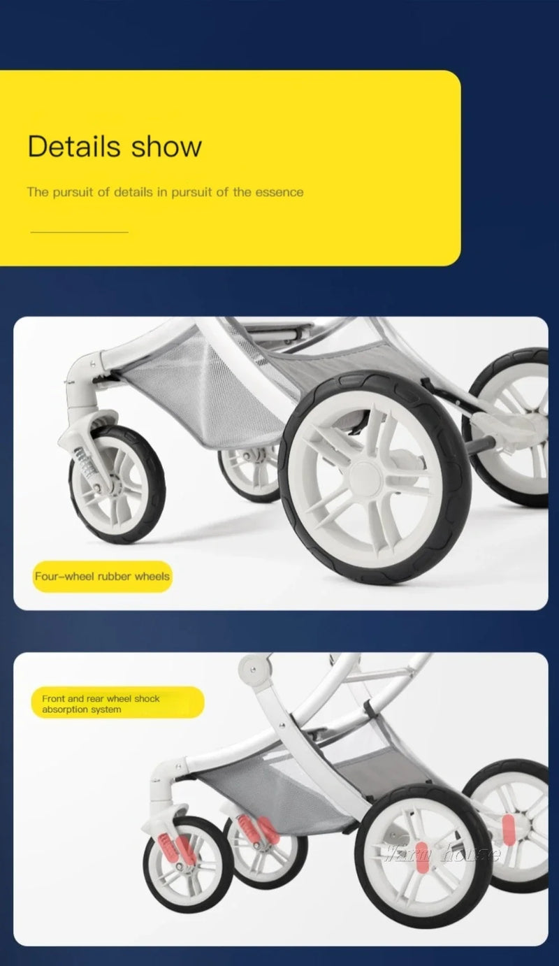 Baby Stroller 3in1,Luxury Baby Carriage with Car Seat,Eggshell Newborn Stroller Leather High Landscape PU leather