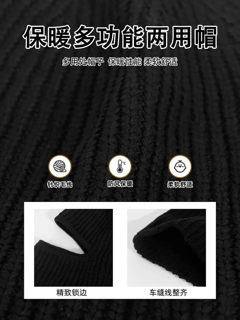Winter 2 in1 Mask Beanies Hats Warm Knitted Balaclava Hats Windproof Solid Full Face Ski Bonnet Tactical Cycling Earmuffs Cap