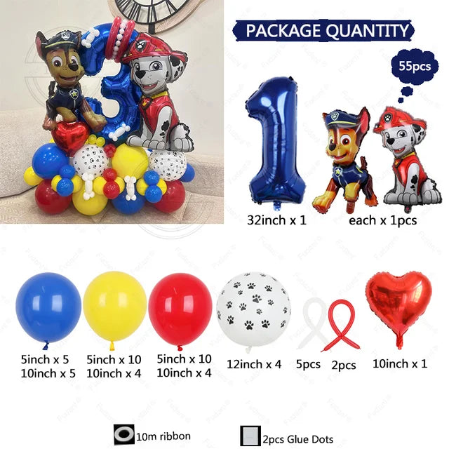 Paw Patrol Latex Balloon Decoration for Boy, Dog Paw Printing, Birthday Party Decorations, Blue Number, 55Pcs 