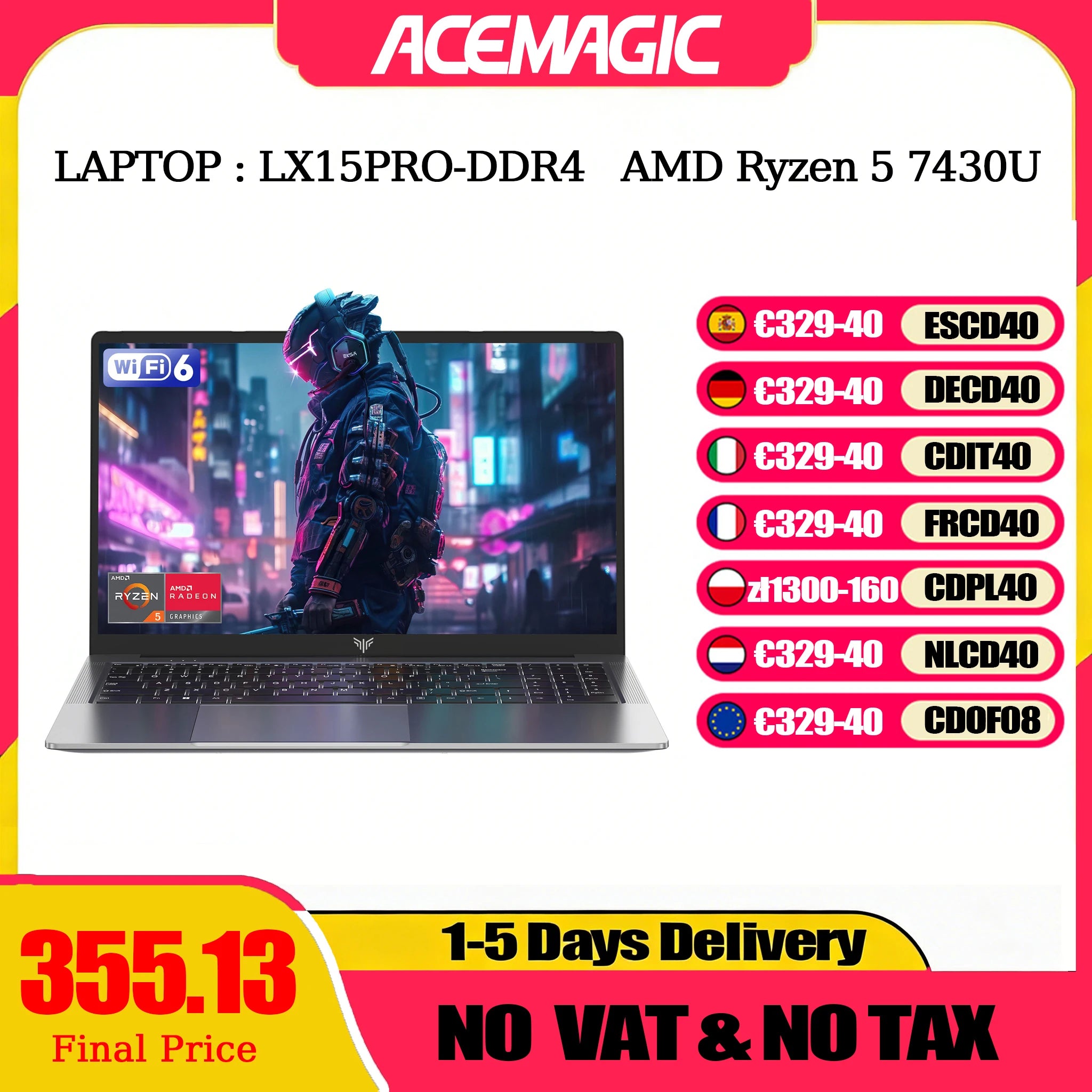 ACEMAGIC Laptop 15.6-inch FHD Laptop AMD Ryzen 5 7430U 16GB RAM 512GB SSD Windows 11 Pro Notebook 180° Flip Computer Wifi6 BT5.2