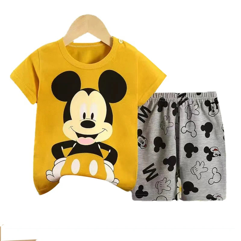 Mickey Mouse Summer T-shirt Shorts Children's Short Sleeve Set Cotton Tees Tracksuits Boys Girls Clothes Casual Two Piece