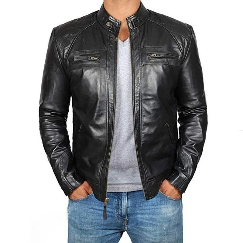 2023 Men Leather Jacket Teenagers Stand Collar Punk Men Motorcycle Leather Jacket Brown Leather Jacket