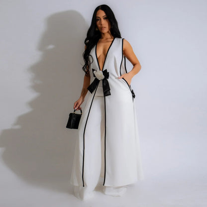 Two Piece Set Women Tracksuit Spliced Vest Pant Sets Elegant High Street Work Ankle Length Wide Leg Pants Loose Matching Sets