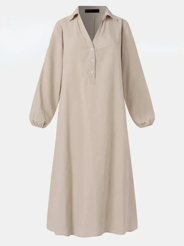 Vestido de algodão e cânhamo feminino, robe de manga comprida, decote em v, meio aberto, monocromático, casual, elegante, tamanhos grandes, moda verão, 2022