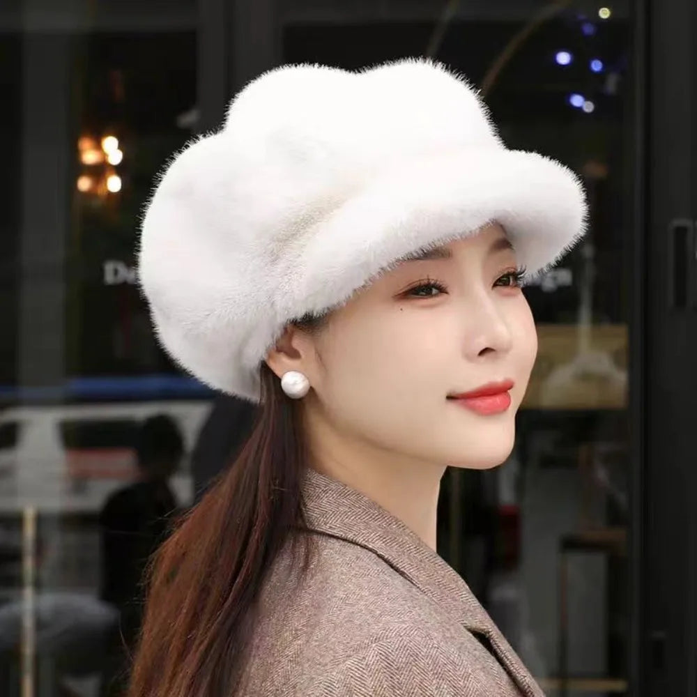 High Quality Cold Protection Women's Beret Solid Color Imitation Mink Winter All-Match Hat Light Luxury Thick Warm Hat