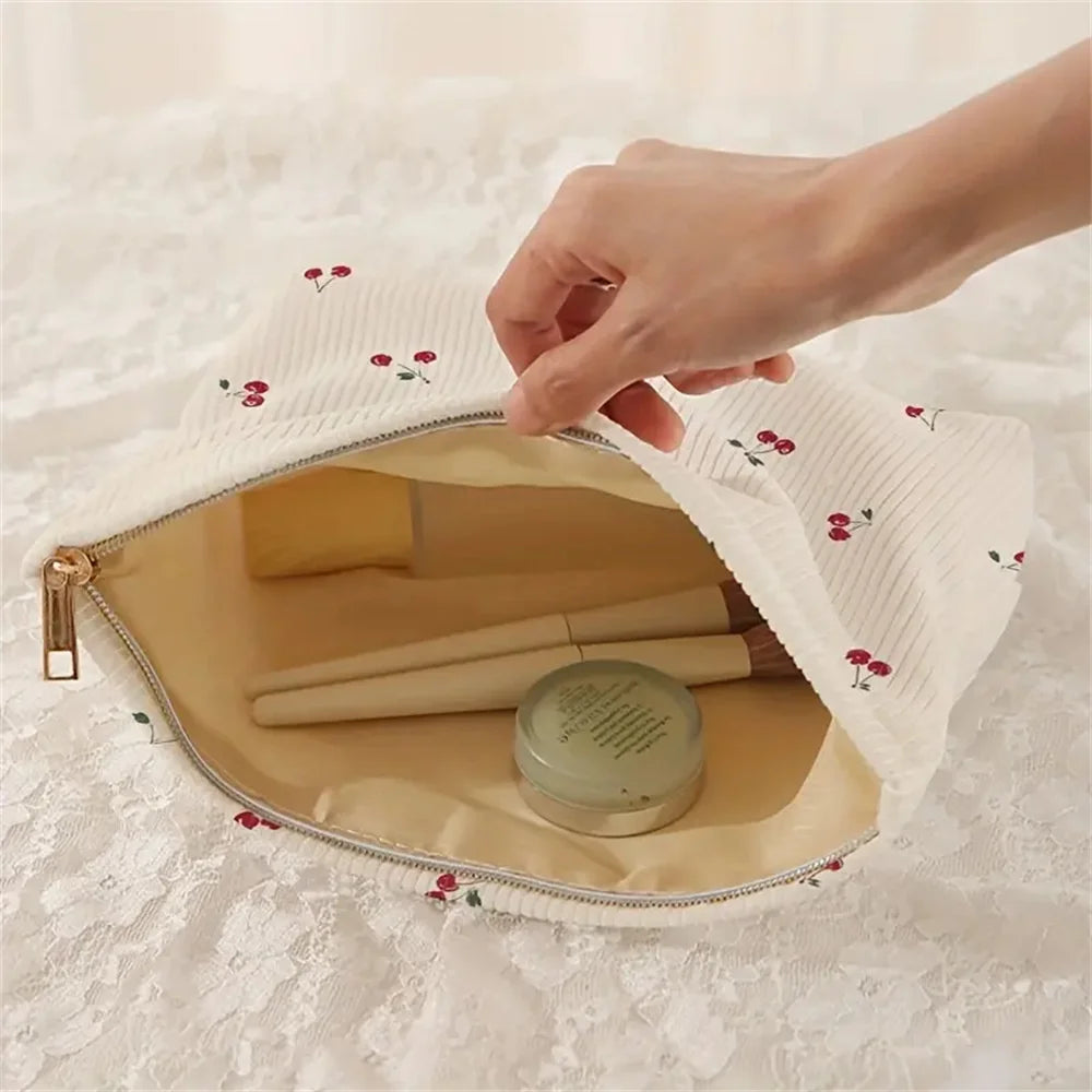 Portable Makeup Bag Winter Cute Cherry Makeup Bag Corduroy Cosmetic Bag Corduroy For Everyday Use Makeup Travel
