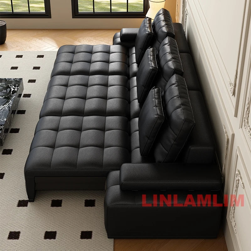 MINGDIBAO Modern Genuine Leather Sectional Sofa Bed – Convertible Couch with Tufted Backrest and Armrest,Functional Sleeper Sofa