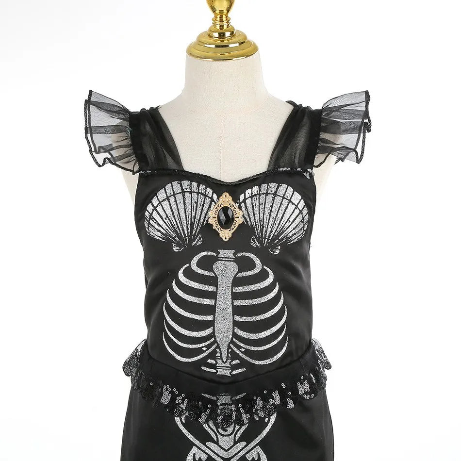 Halloween New Horror Skeleton Little Mermaid Costume Ariel Princess Black Skeleton Fishtail Dress Holiday Special Dress