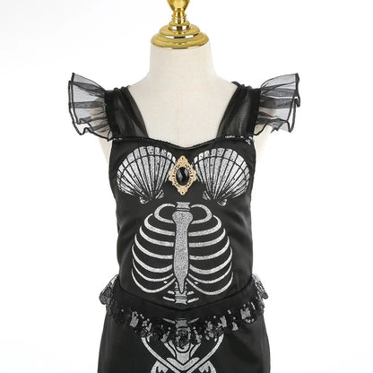 Halloween New Horror Skeleton Little Mermaid Costume Ariel Princess Black Skeleton Fishtail Dress Holiday Special Dress