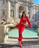 Women's Solid Color Suit Lapel Top Feather Pants Two-Piece Pajama Set 2024
