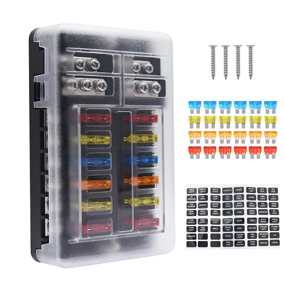 Portafusibles de 12 vías con bloque de portafusibles de cuchilla e indicador de advertencia para coche, barco, caja de fusibles de cuchilla de 12 V y 24 V