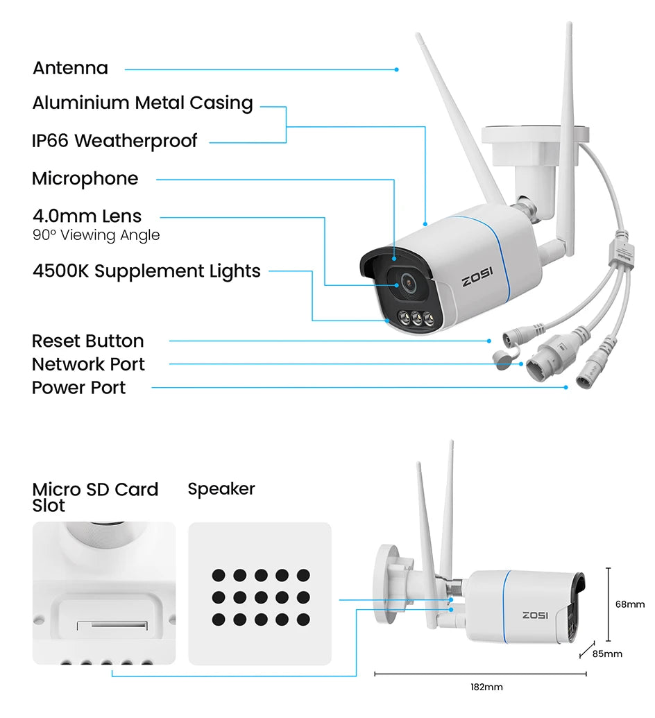ZOSI C186A 4K 8MP/5MP Aurora Lux WiFi Camera True Full Color Night 2.4/5GHz WiFi AI Detection Outdoor HD CCTV Video Surveillance