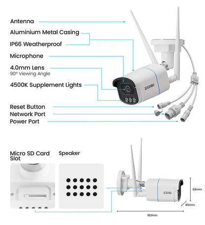 ZOSI C186A 4K 8MP/5MP Aurora Lux WiFi Camera True Full Color Night 2.4/5GHz WiFi AI Detection Outdoor HD CCTV Video Surveillance