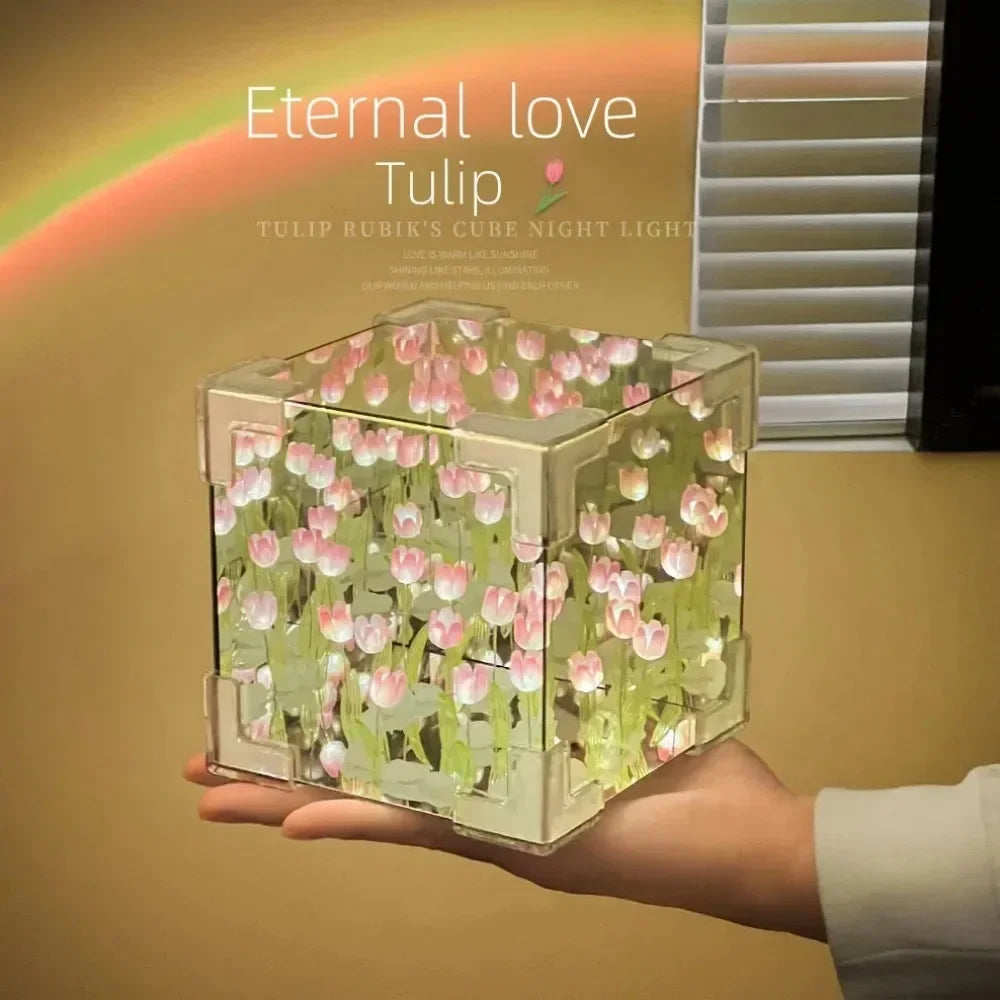 2025 DIY Tulip Sea Rubik's Cube Mirror Night Light Car Decoration Materials Handmade Birthday Gifts for Friends and Colleagues