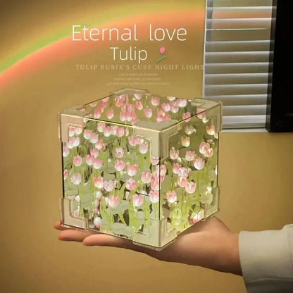 2025 DIY Tulip Sea Rubik's Cube Mirror Night Light Car Decoration Materials Handmade Birthday Gifts for Friends and Colleagues