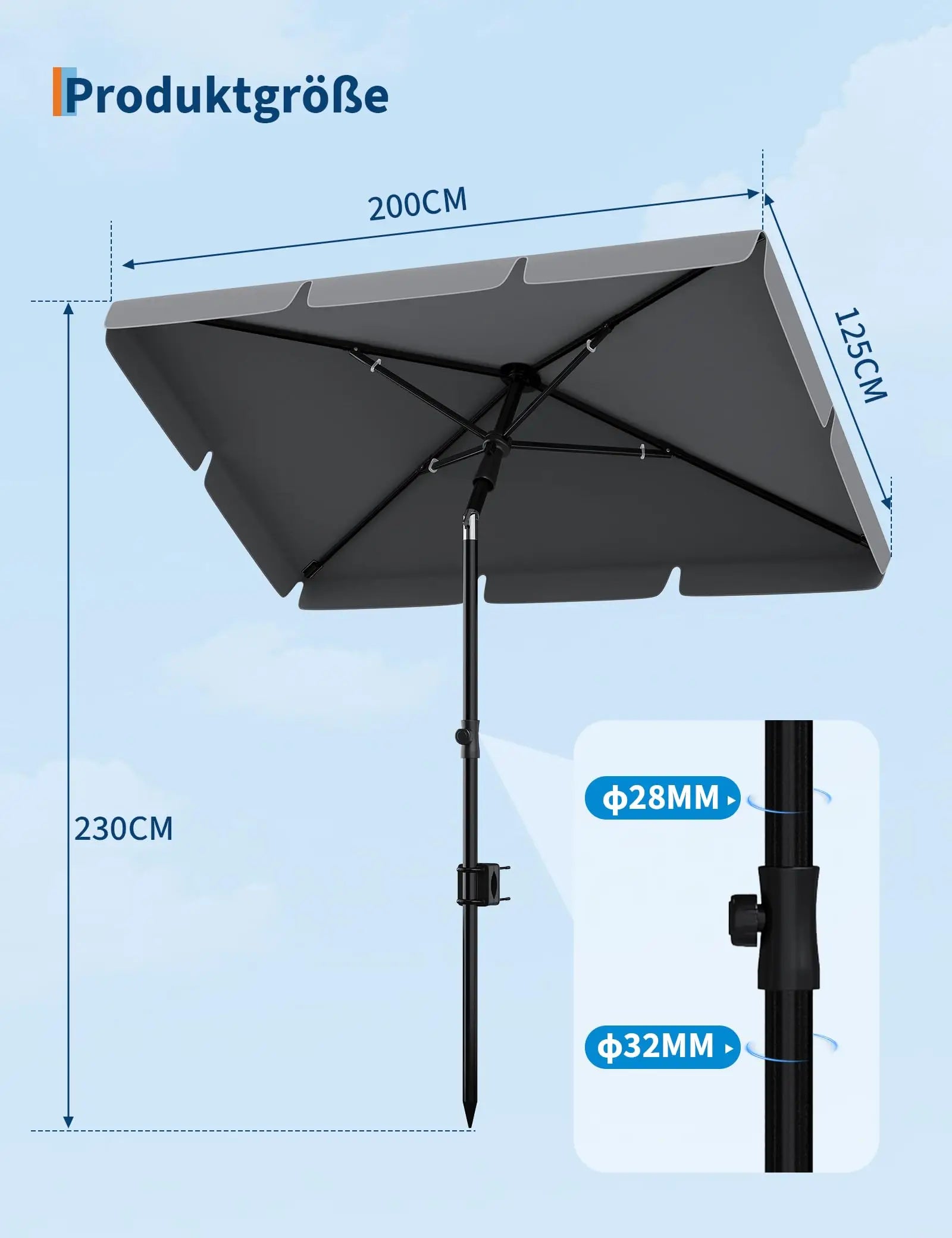 UPF 50 + Rectangular Patio Umbrella 200x125cm with Stand Height Adjustable Windproof Outdoor Sun Shade Parasol for Garden Beach