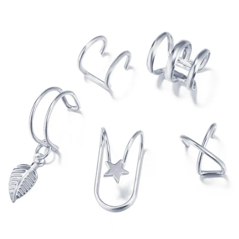 Silver Color Leaves Clip Earrings for Women Men Creative Simple C Ear Cuff Non-Piercing Ear Ear Clip Set Trend Jewelry Gift