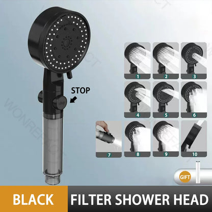 10 Mode Filter Shower Head Adjustable High Pressure Water Saving Shower One-click Water Stop Skin Care Shower Head Universal