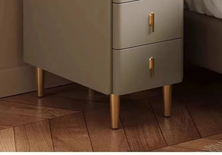 Nordic Style Intelligent Solid Wood Bedside Table Faux Leather 3 Drawers Nightstands with Wireless Charging Side Storage Cabinet