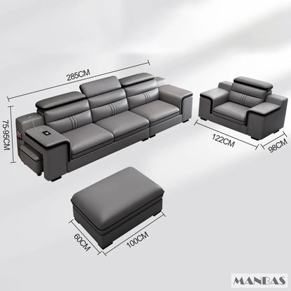 MINGDIBAO Leather Sectional Sofa Set with Cup Holder, USB, Adjustable Headrests & Bluetooth Speaker Living Room Couch with Stool