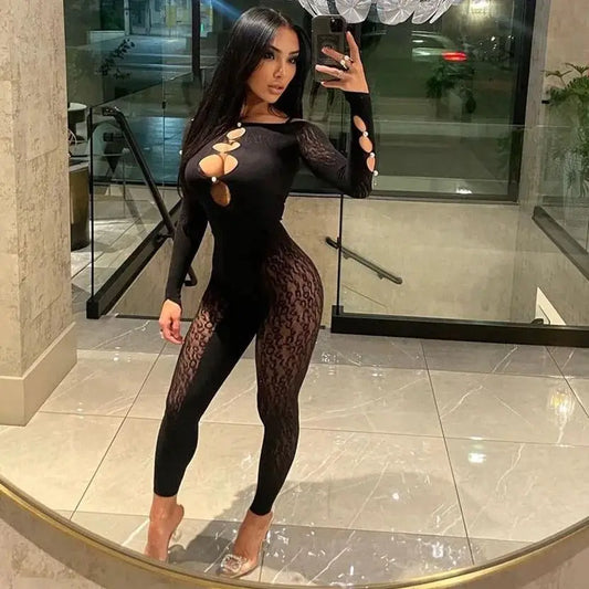 OSEN-Conjunto de una pieza sexy y grueso de invierno para mujer, elegante, con diamantes de imitación huecos, cuello oblicuo, leggings de retazos, ropa de club elástica a juego