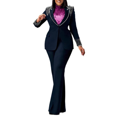 CM.YAYA Conjunto de dos piezas de chaqueta de manga larga y pantalón ancho para mujer, con empalme de perlas, para invierno y otoño de 2024