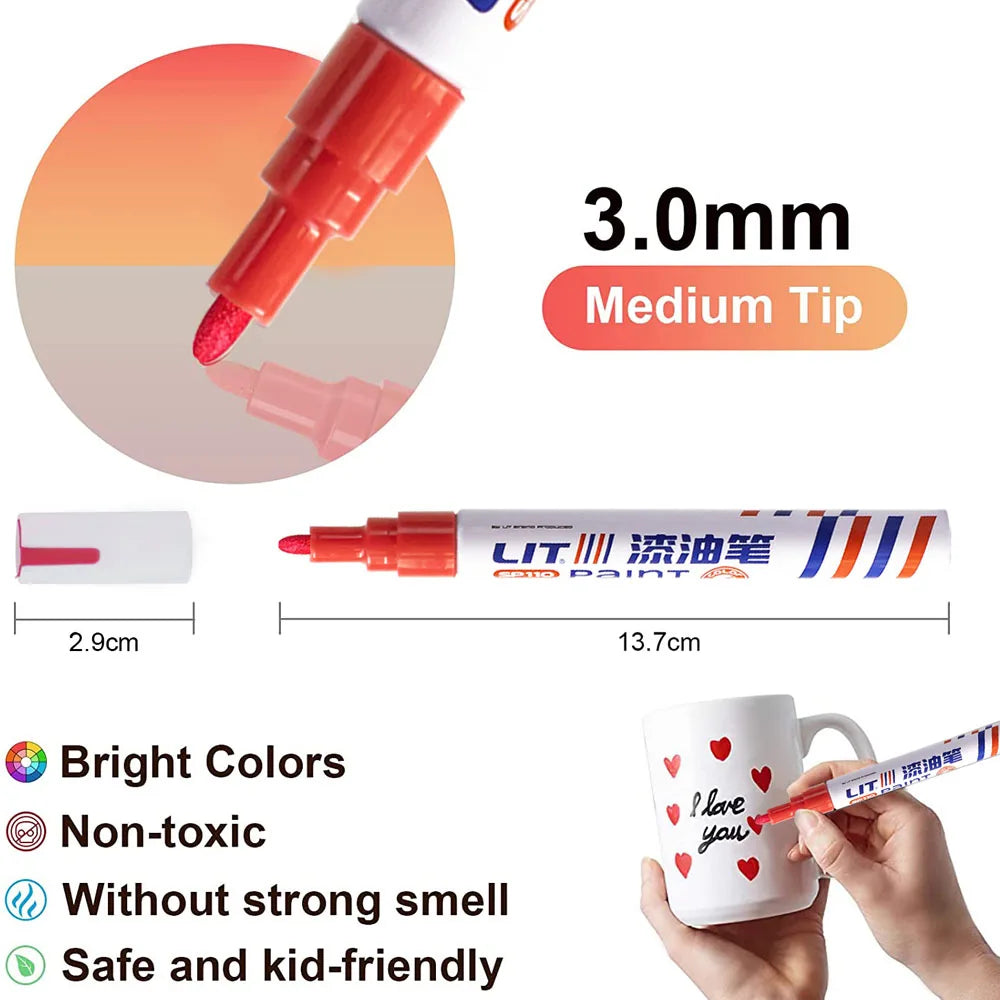 Car Paint Pen Waterproof Car Tire Tread Oil-Based Painting Marker Permanent Auto Scratch Repair Touch Up Paint Pen Quick Dry