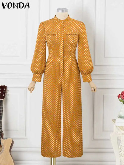 Plus Size 5XL VONDA Elegant Jumpsuist Women 2024 Autumn Polka Dot Rompers Long Lantern Sleeve Casual Long Overalls Playsuits