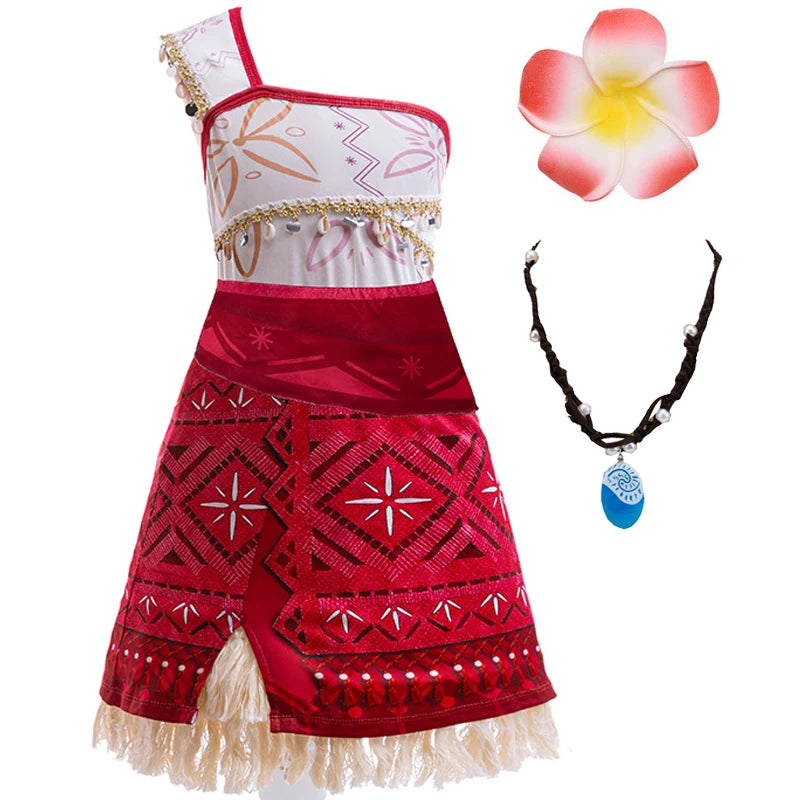 Conjunto de fantasia infantil para meninas: vestido de princesa Moana + colar (ideal para festas, Carnaval e cosplay, para idades de 3 a 10 anos)