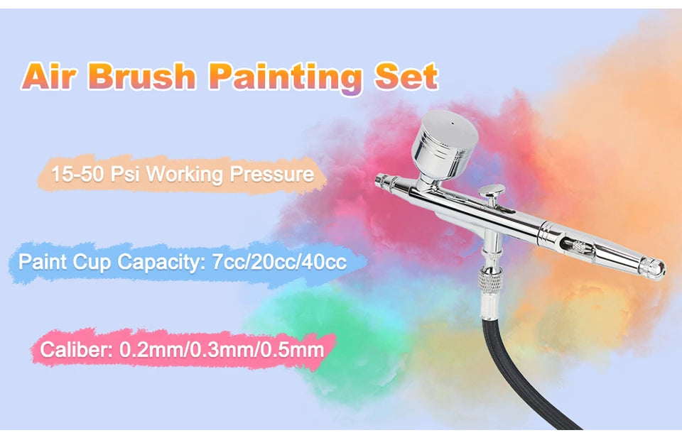 Dual-Action Gravity Airbrush Kit, 0.2/0.3/0.5mm Needles 7/20/40cc Cups Cleaning Tools for Makeup Nail Art Painting Car Detailing
