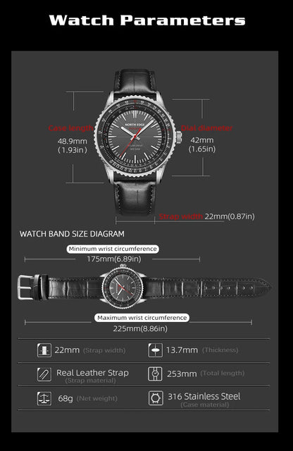 Reloj NORTH EDGE EVOQUE 3 Pilot Series para hombre, de aviación, militar, con energía solar, correa de cuero, caja luminosa de acero inoxidable.