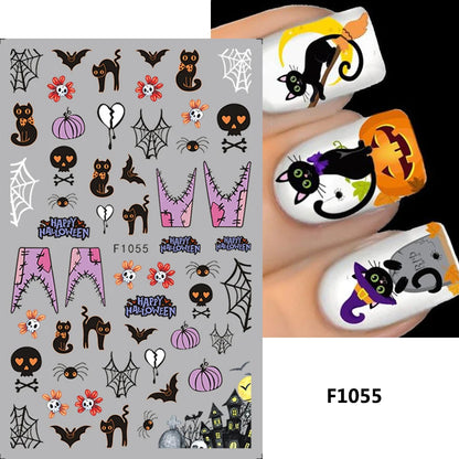 Cinturón negro 5D pegatinas en relieve gótico Halloween estilete calabaza calavera telaraña cremallera manicura uñas gel autoadhesivo decoración